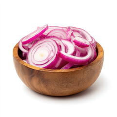 Fresh sliced red onion rings in wooden bowl, vivid