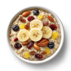Banana slices and nuts on creamy oatmeal with fruit