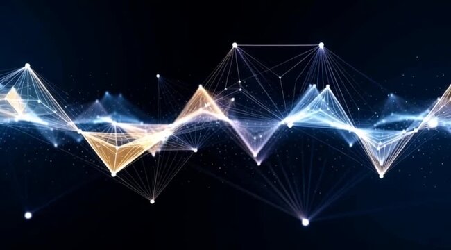 Digital data visualization presents a complex three dimensional abstract network structure composed of bright glowing nodes and connecting lines forming a fluctuating energy wave across a dark backgro