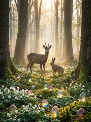 Deer and hare in forest with magical easter eggs