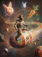 Astronaut cowboy riding easter egg in space