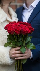 A man in a blue suit and a woman in a white coat holding a bouquet of red roses