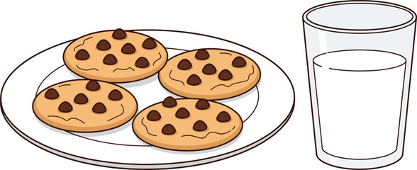 Chocolate chip cookies on plate with glass of milk, delicious sweet snack breakfast illustration, bakery food dessert vector graphic, tasty treats, comma.
