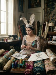 Seamstress wearing lace bunny ears creating butterfly wings