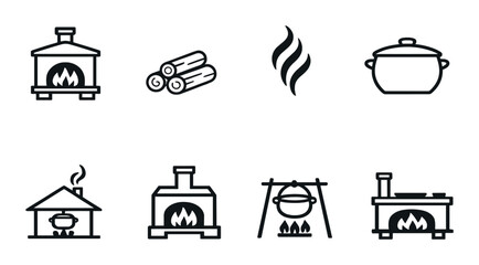 Black and white fireplace icons set with cooking elements