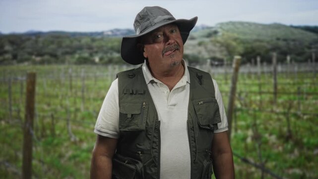 Man fisherman tilts head and sticks tongue out wearing wide brim hat and fishing vest in a vineyard, hands relaxed; playful curiosity.