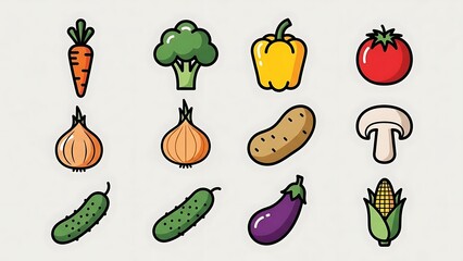 Assorted Vegetables and Fruits Illustration Set.