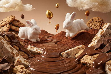 Easter bunnies in chocolate candy fantasy landscape