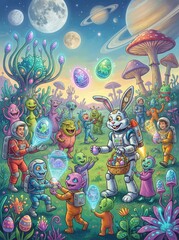 Astronauts, aliens, and robot bunny celebrating space easter