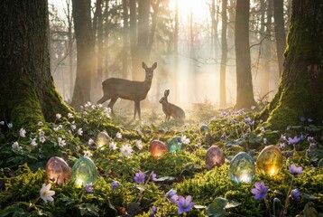 Forest animals and glowing easter eggs in spring