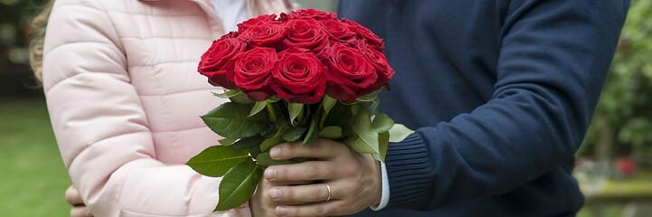 A man in blue sweater holding a bouquet of red roses for his girlfriend in pink jacket