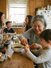 Grandmother and child dyeing easter eggs together in kitchen