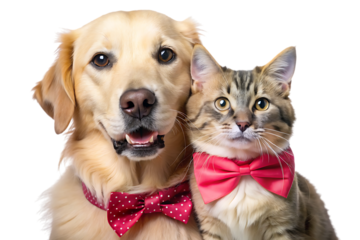 Dog and cat wearing pink bowties golden retriever tabby cat