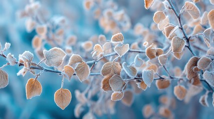 Frost coats branches and leaves in a tranquil winter scene. Soft hues of brown and gray contrast against the icy backdrop, creating a serene atmosphere.