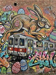 Street art mural depicting jumping rabbit over subway train