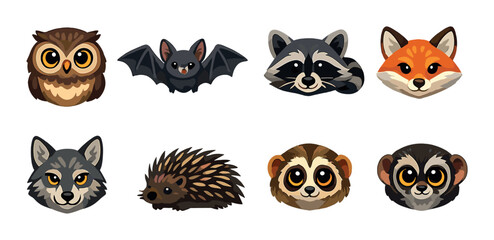 Fototapeta premium Cute animal faces: owl, bat, raccoon, fox, wolf, porcupine, lemur