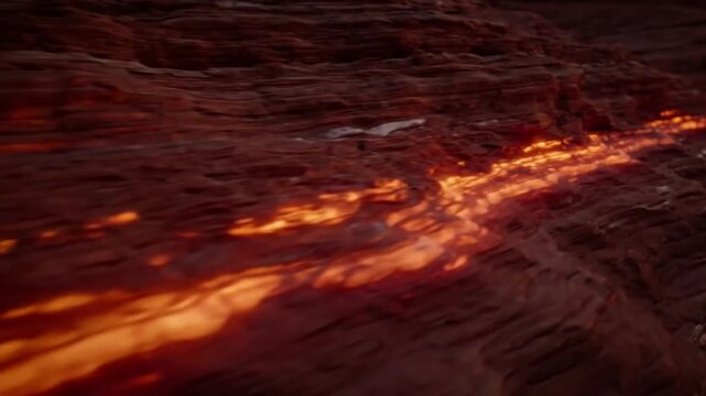 Ancient Earth Formations Wide shot, showcasing a large canyon wall with visible glowing sandstone layers at golden hour.