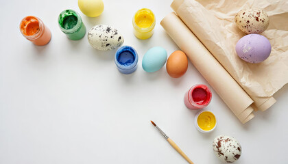 Easter eggs paintbrush color jars for holiday decoration. Creative spring craft activity. Festive celebration background.