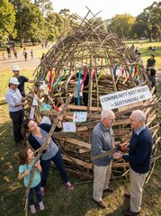 Community building a sustainable art nest sculpture outdoors