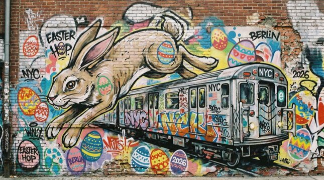 Easter bunny hopping over subway graffiti wall art