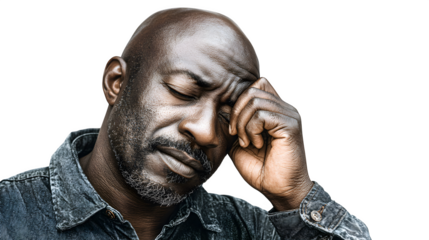 Sad bald black man resting head on hand with closed eyes looking down denim shirt isolated on white background expressing sadness depression and contemplation