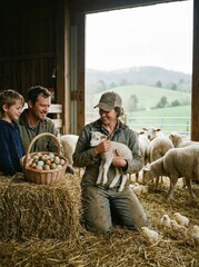 Family farmers caring for newborn lamb, eggs, and chicks