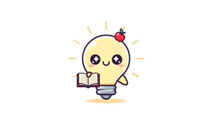 Cute light bulb reads book with apple on top smiling