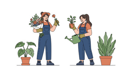 Two happy female gardeners in blue overalls working together to care for indoor potted plants and a flower bouquet.