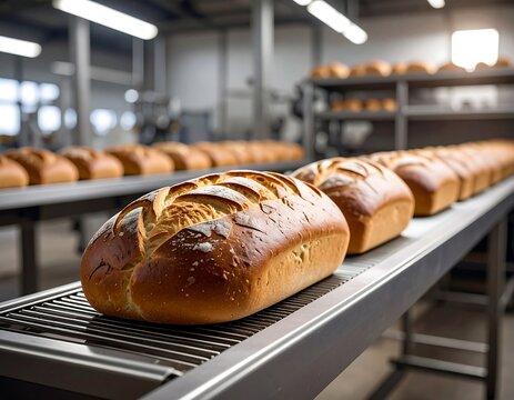 Loaves of freshly baked bread on an industrial conveyor