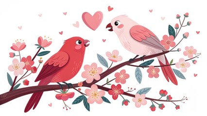 Two colorful birds perched on a blooming branch surrounded by flowers and hearts