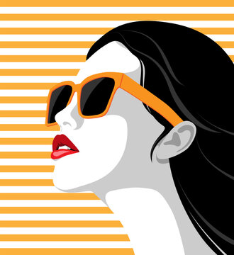 1590_Beautiful woman wearing fashionable sunglasses against striped background