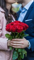 A romantic couple sharing a tender kiss while holding a bouquet of red roses