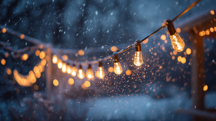 Close up of warm vintage string lights hanging in the garden during a snowstorm.