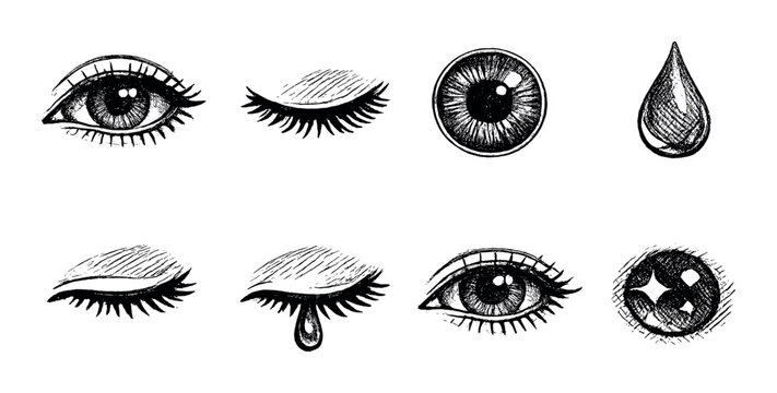 Sketch collection of eyes and tears: artistic representation of human emotions