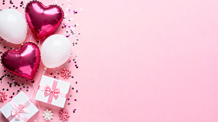 Romantic pink celebration background with heart balloons and gifts. Text space, top view