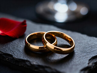 Golden Wedding Rings with Rose Petal. Macro view