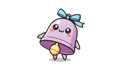 Cute purple bell character with blue bow smiles