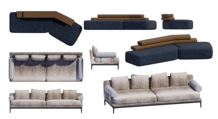 3D render of a modern minimalist sofa on a transparent background