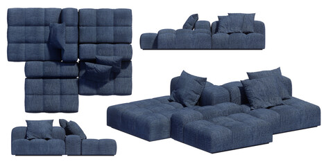 3D render of a modern minimalist sofa on a transparent background