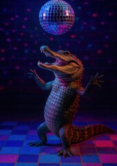 Crocodile dancing under disco ball.