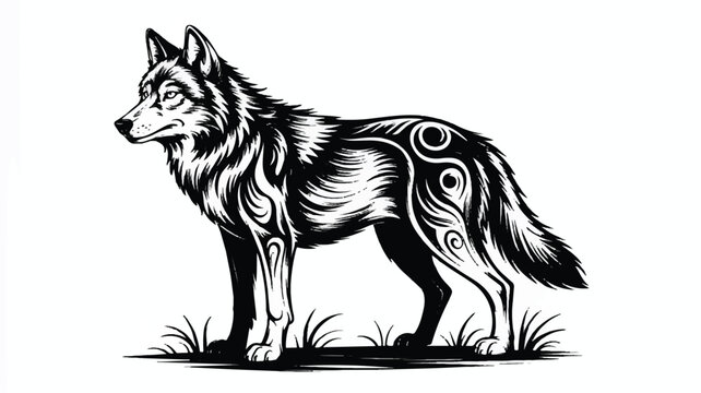 black and white illustration of a wolf standing in grass