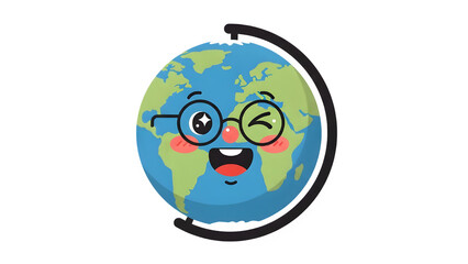 Fototapeta premium Cute cartoon globe character with glasses, happy earth planet mascot on stand, friendly world map illustration for education and school projects