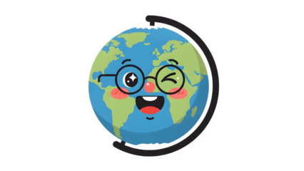 A smiling cartoon Earth wearing glasses rotates with excitement freely