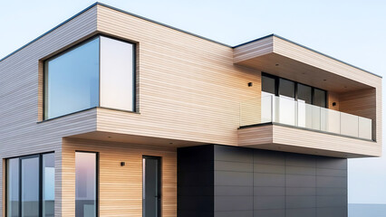 Fototapeta premium Modern wooden house with large windows and balcony modern house contemporary architecture