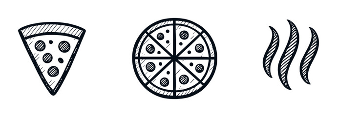 Hand-drawn pizza slice and whole pizza with steam on dark background