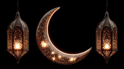 Ornate islamic lanterns framing a gleaming crescent moon