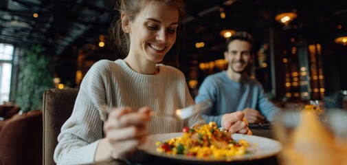 The woman enjoying a vibrant rice dish while dining with partner in cozy restaurant