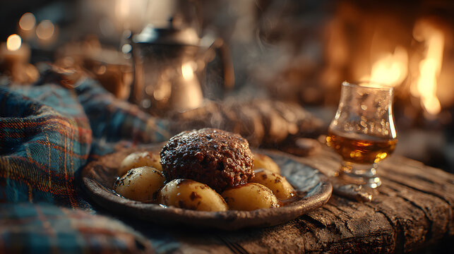 Celebrating robbie burns day with traditional scottish haggis neeps and tatties by the fire