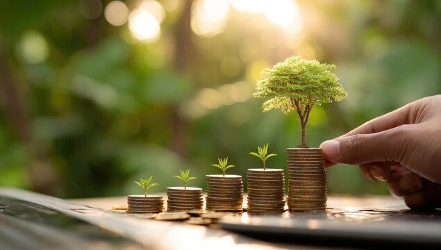 Person adding a tree to a stack of coins representing financial growth