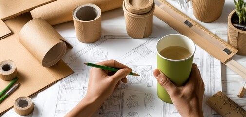 The hands sketching eco packaging designs on a desk with coffee